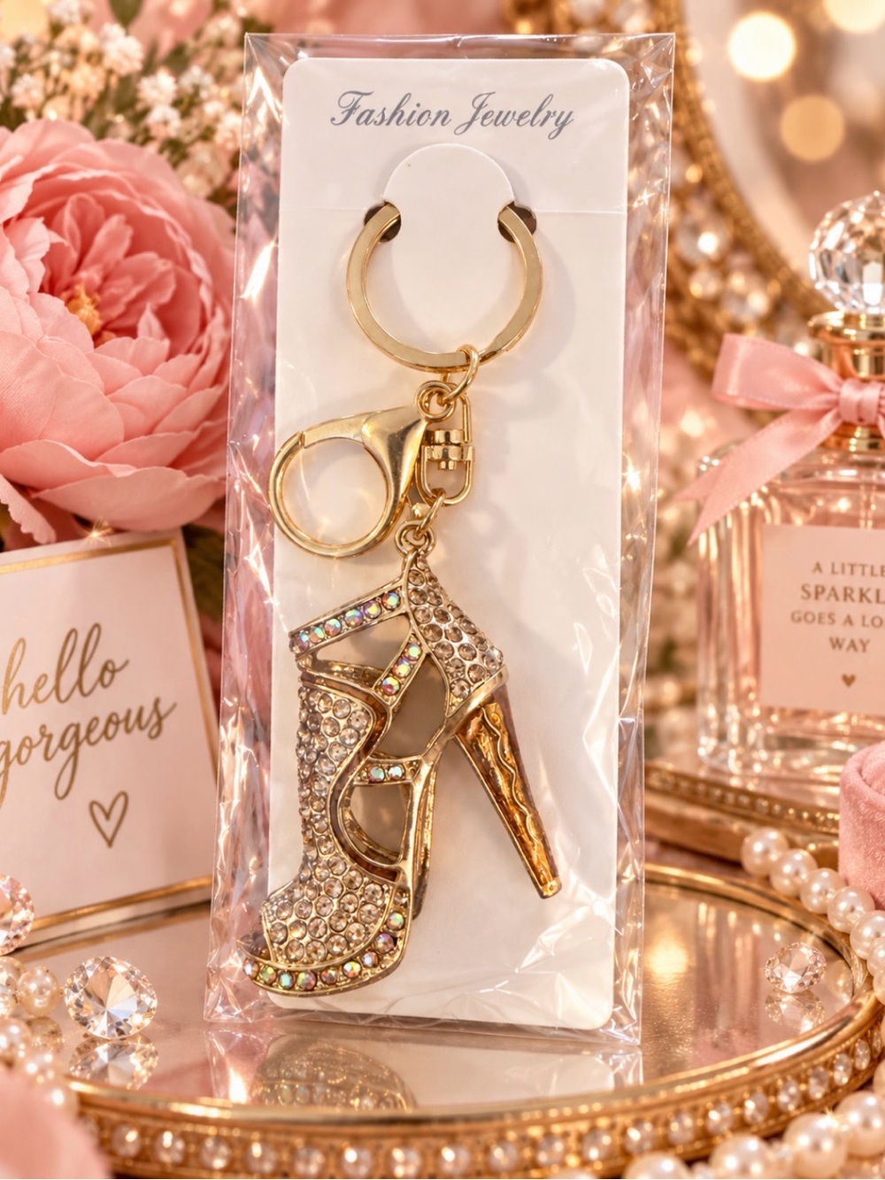 Fashion Jewelry Gold Rhinestone High Heel Keychain Charm